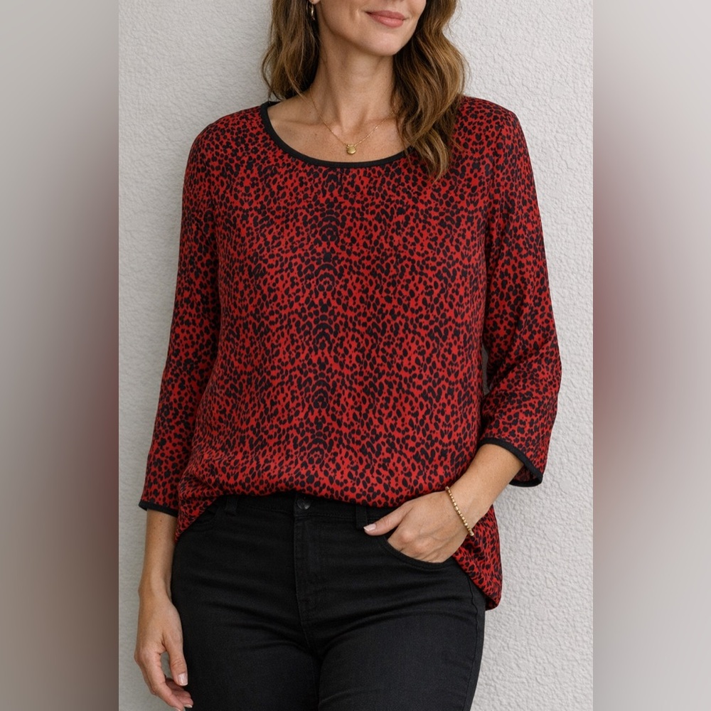Ann Taylor Red Black Animal Print Blouse 3/4 Sleeve Career Top Size M